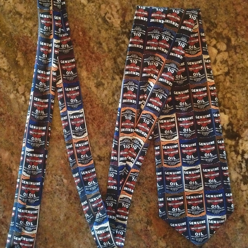 1990's Ralph Marlin & Co Stacked Harley Davidson Oil Can Tie